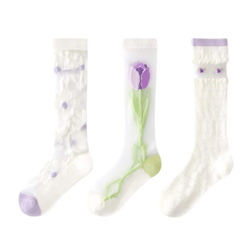 

3 Pairs/bag New Thin Mesh Knee Socks Embroidery Ruffle Breathable Lace Princess Socks Cotton Long Socks Girls Baby