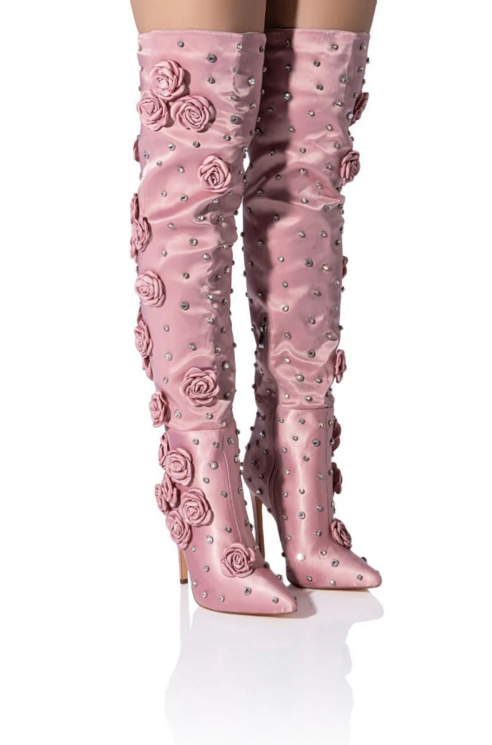 Sweet 3D Pink Rose Embellished Thigh High Boots Women Metallic Rivets Pointed Toe Over-the-knee Boots Ladies Silk High Heels