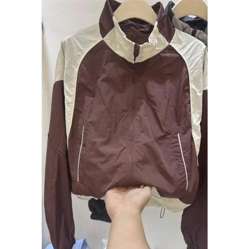 

Women's Brown And Beige Color Block Stand Collar Zipper Drawstring Hem Jacket Casual Outerwear