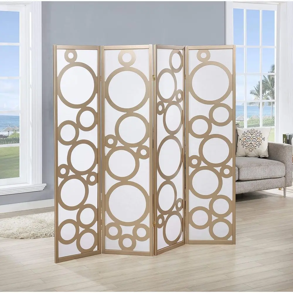 

Four-Panel Wooden Room Divider with Circular Gold Accents