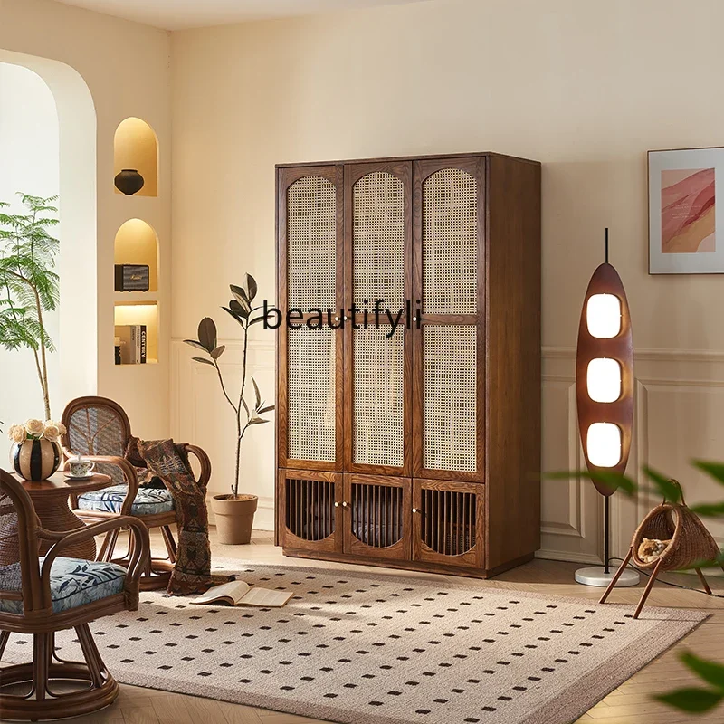 

Solid Wood Wardrobe New Chinese Household Large Capacity Storage Cabinet Rattan Wardrobe