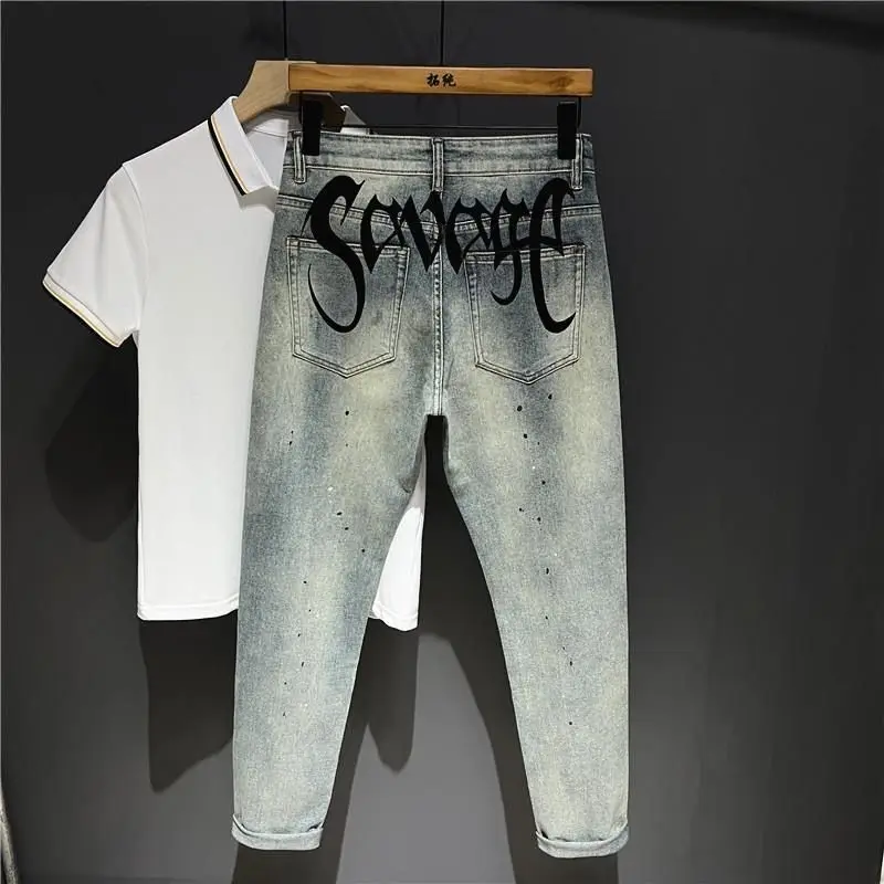 Men's Clothing Spring and Autumn Thin Printed Jeans Trendy Brand Light Luxury All-match Small Straight Letter Denim Trousers