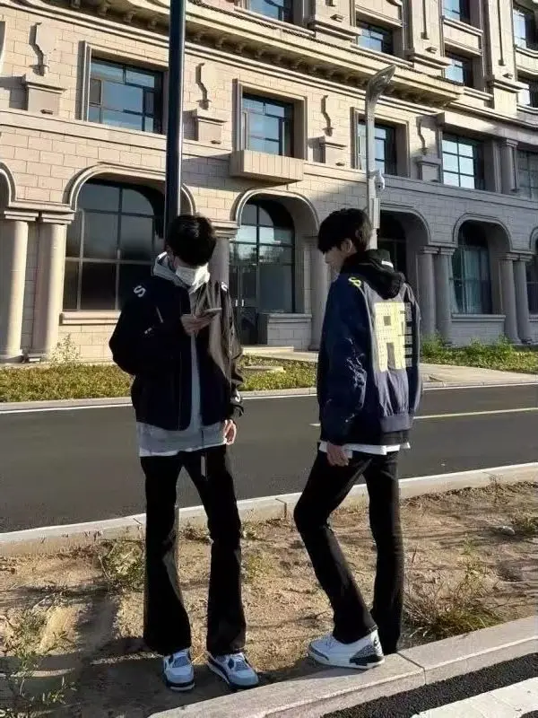 Jeugdige casual Amerikaanse geborduurde letter Jaet Flight Suit Stand Kraag Ritssluiting ex Bovenkleding Trendy