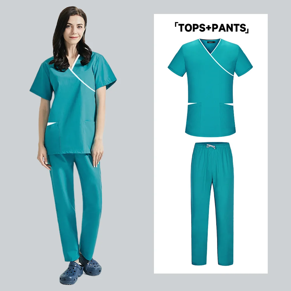 Wholesale Price Scrubs Set for Women Pet Hospital Uniform Set Scrub Suits Solid Color Unisex Surgical Gown Pocket V-neck Suits