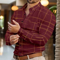 Men's Button Up Long Sleeved Plaid Lapel Shirt, Spring and Autumn Office Clothing, Front Pocket, Black, White, Red