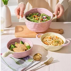 INS Cream Wind Soup Bowl Household Ceramic Fruit Bowl High Temperature Resistant Dinner Set 2 Sided Handle Utensils For Kitchen