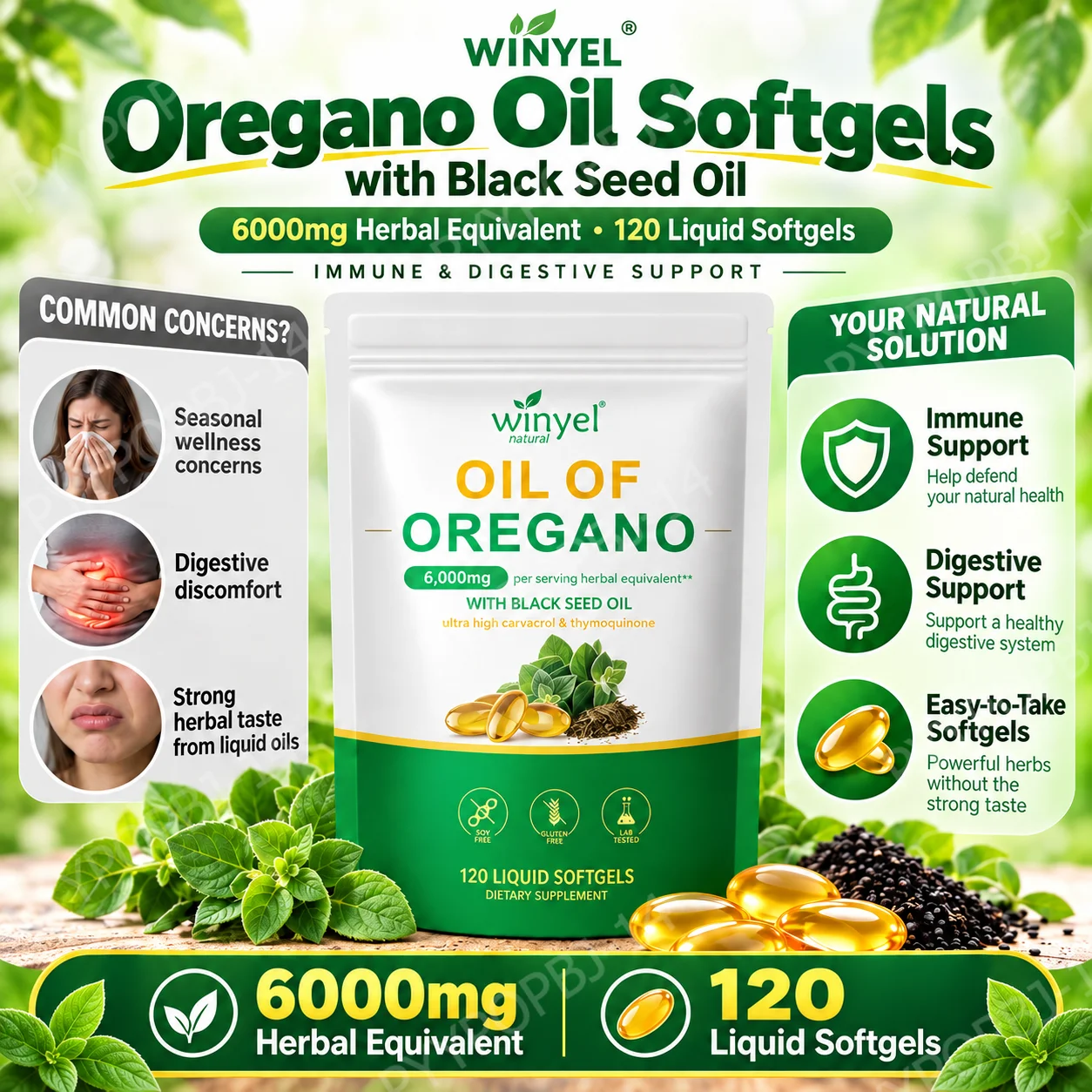 Oil of Oregano Softgels, 6000mg with Black Seed Oil, Carvacrol & Thymoquinone, Support Immune & Gut Wellness, 120 Softgels