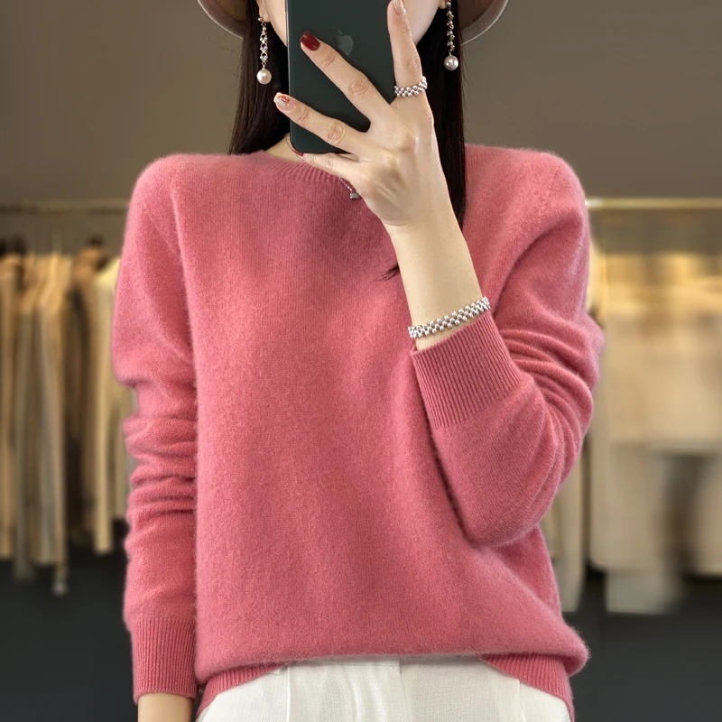 100% Merino Wool Sweater Women O-neck Cashmere Knitwear Female Pullover Autumn Winter Casual Tops Solid Color Soft  Clothing