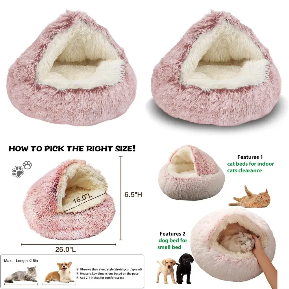 

Плюшевая лежанка-домик для кошек с капюшоном, круглая и пушистая, идеально подходит для домашних кошек или маленьких собак, водонепроницаемая и моющаяся, успокаивающий розовый цвет (26x26 дюймов)