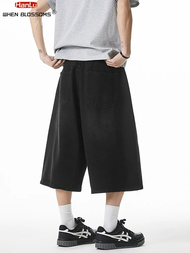 2025 Summer Men\'s Wide Leg Jeans Shorts Vintage Distressed Wash Y2K Straight Elastic Waist Loose Casual Relaxed Fit