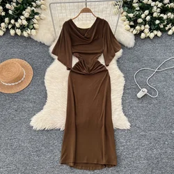 Elegant Vintage Swinging Collar Chic Short Flare Sleeve Slim Pleated Dresses Women Korean Evening High Street Summer Clothing