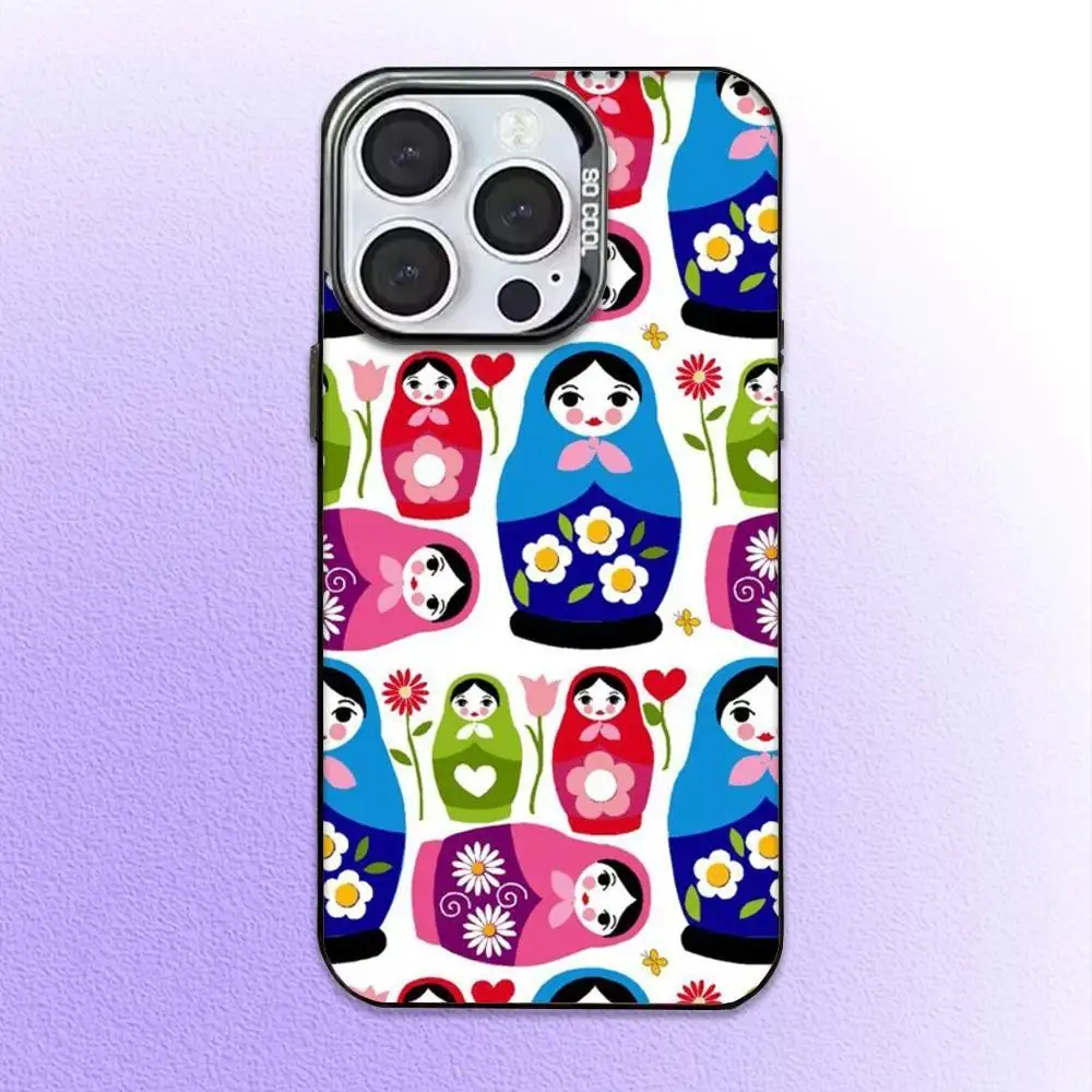 Funda de teléfono Matryoshka de arte ruso para iPhone17,16,15,14,13,12,11 Plus, cubierta interior chapada en plata de color profesional Max