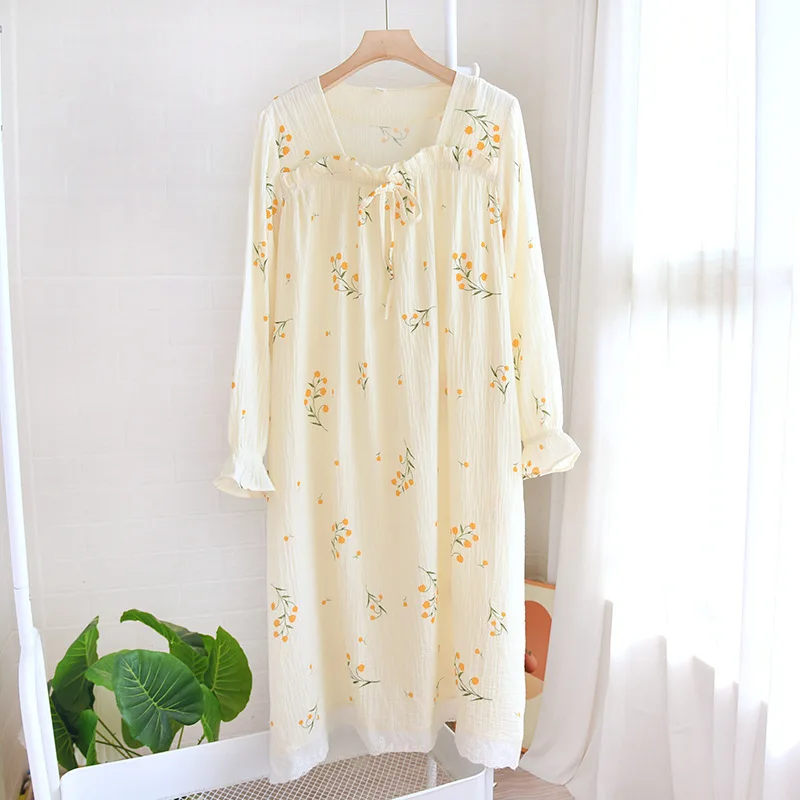 Spring and summer 2024 new women\'s nightdress 100% cotton long-sleeved skirt square neck lovely flower large household skirt