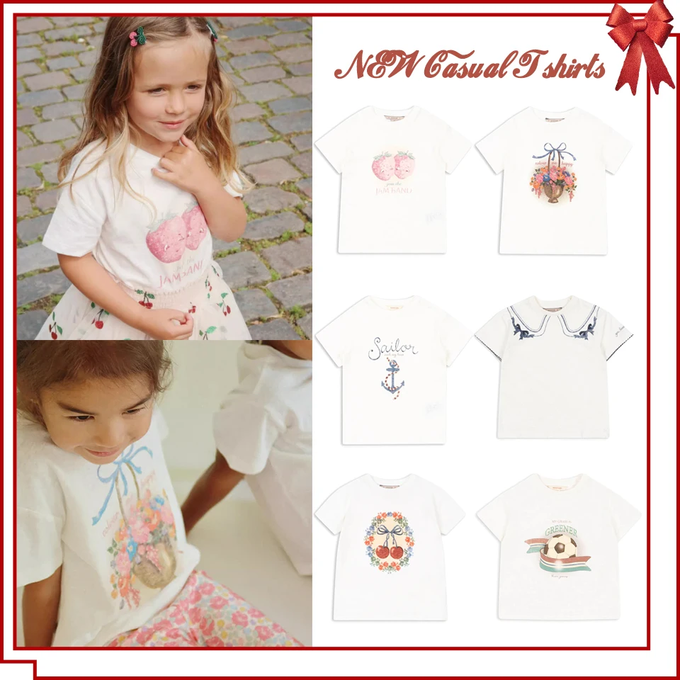 Новинка 2025 KS, летняя футболка с милым принтом для девочек, крутая белая футболка для маленьких детей, мягкие топы с короткими рукавами с героями мультфильмов, детская хлопковая футболка