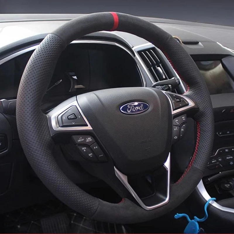 

Для Ford Mondeo Fusion 2013-2019 EDGE 2015-2019 прошитый вручную нескользящий черный замшевый чехол на руль автомобиля из натуральной кожи