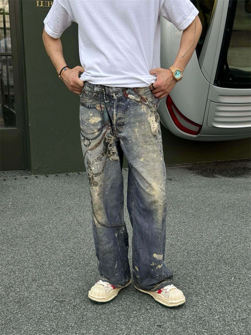 

AC style Autumn Winter Washed 3D Printed Pants Chain American Street Jeans Fashion Vintage Straight Leg Casual Hip Hop Pants