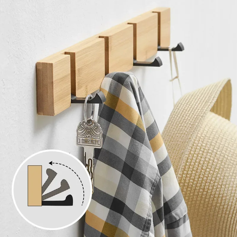 Nordic Wall Mounted Coat Rack with Movable 5 Hooks Aluminum Clothing Rail for Hat Towel Robes Wooden Hanger Perchero Furniture