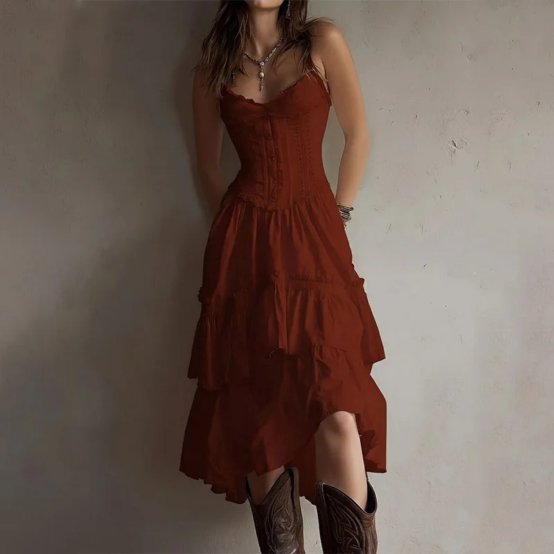 Damen Boho Spaghettiträger-Korsettkleid mit Spitzenbesatz, gestuftem Rüschensaum und unregelmäßigem Schnitt, Midi-Kleid, Vintage, lässig, Party, Sommerkleid – Detail 3