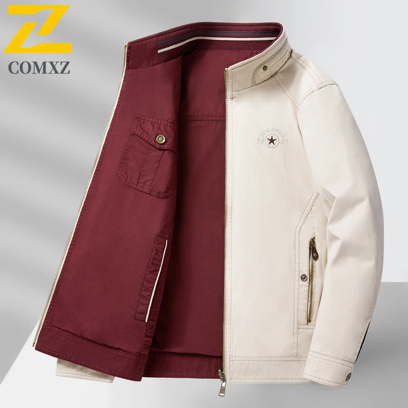 

2025 Autumn 2-sided Jacket Men's Vintage Casual Pure Cotton Windproof Baseball Coats Men Travel Camping Plus Size Work Jackets