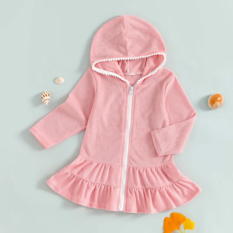 Kid Girls Swim Coverups Solid Color Long Sleeve Hooded Dress Zip-Up Robe Towel Beachwear