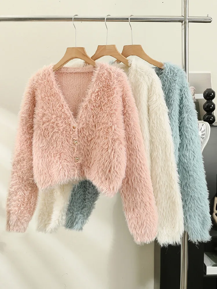 Korean style Autumn V-Neck Fluffy Patchwork Elegant Cardigan Sweet Solid Soft Loose Chic Fashion Vintage All Match Women Coat