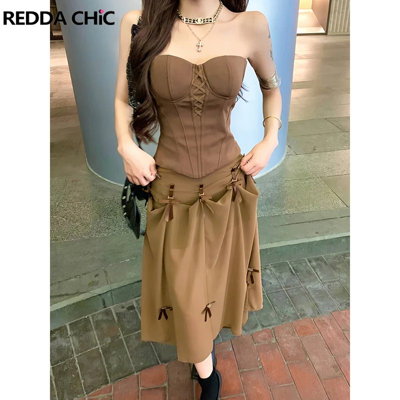 

ReddaChic женский корсет с косточками, топ и юбка, комплект без бретелек на молнии, топ-труба с бантом, длинная прозрачная шифоновая юбка, винтажная летняя одежда