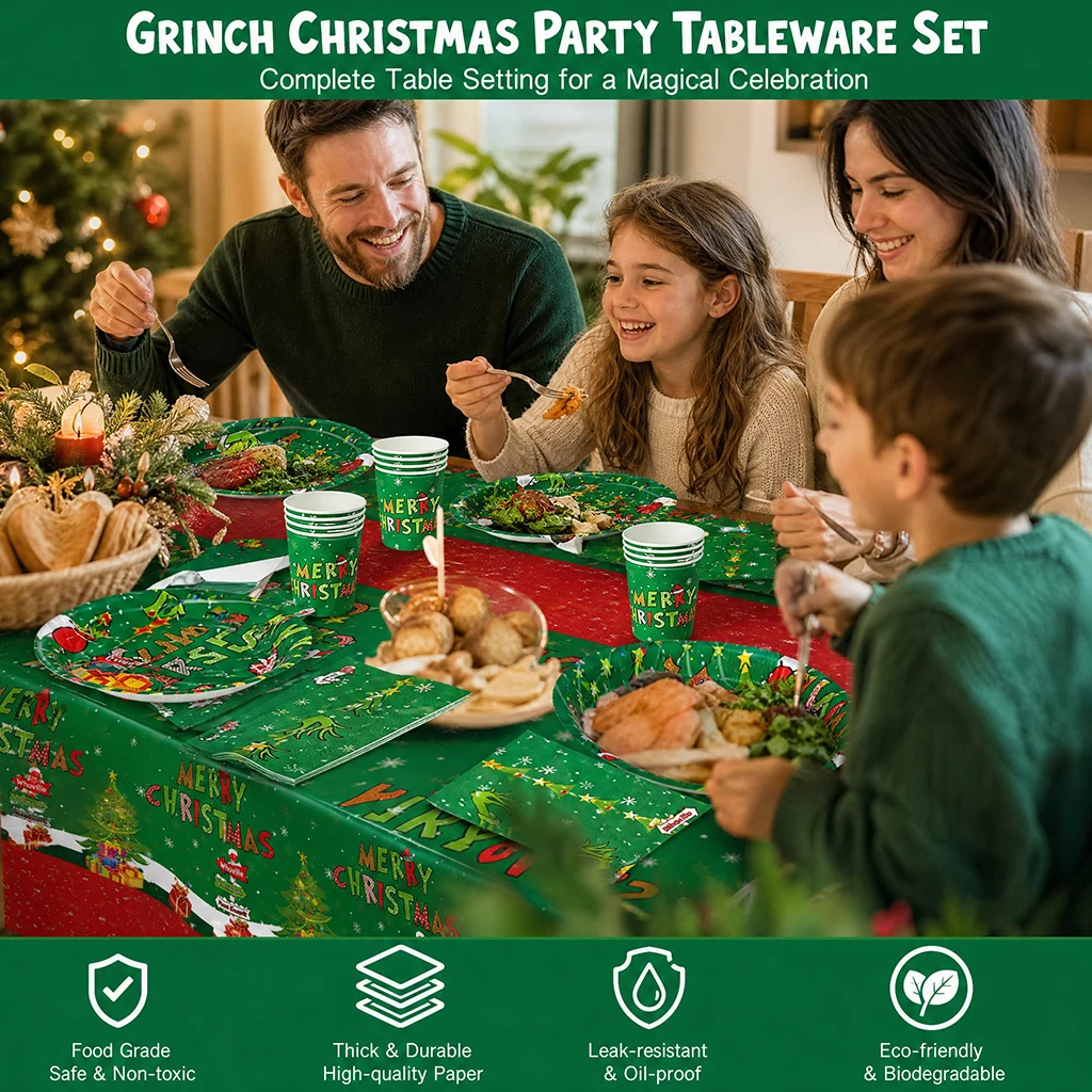 2026 Weihnachten Neue Dekorationen Grünes Party-Tischgeschirr-Set Einweg-Pappteller, -Becher und -Servietten für Silvester-Dinner-Zubehör – Detail 2