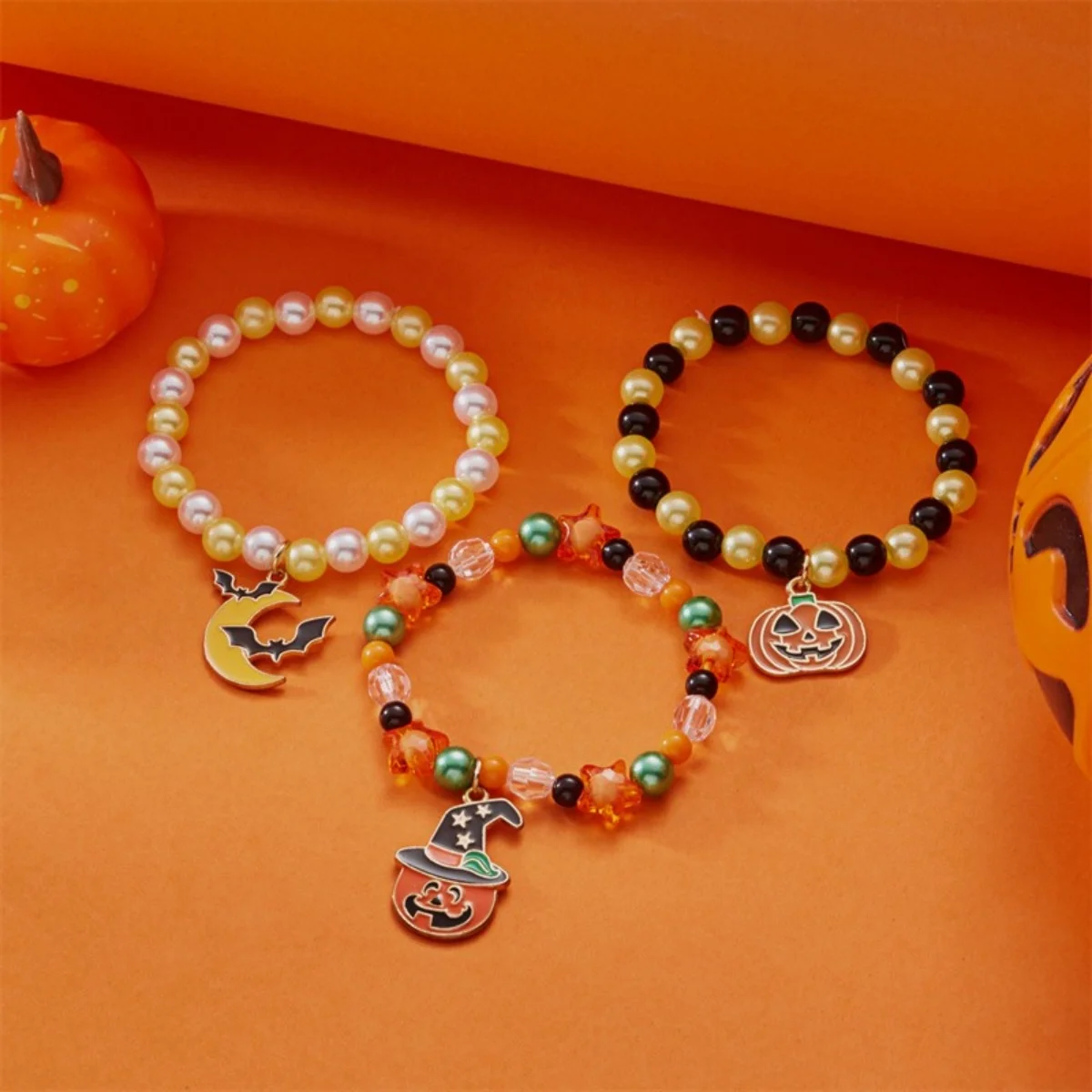 3Pcs/Set Gothic Multi-Layer Bracelets Pumpkin Bat Moon Castle Ghost Black Cat Skull Resin Beaded Bangles For Women Men Jewelry