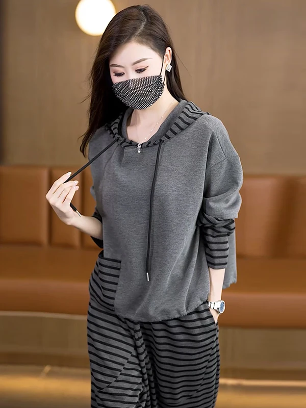 

Удобный повседневный женский модный комплект, свободный дышащий утягивающий костюм из двух предметов, осеннее новое поступление, большой размер, воздушный модный