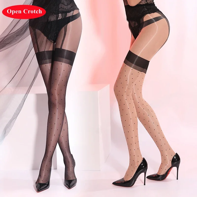 

Fashion Patchwork Fake Thigh High Stockings Aurora Series Sexy Open Crotch Tights 5D Ultra Thin Transparent Oil Glossy Pantyhose