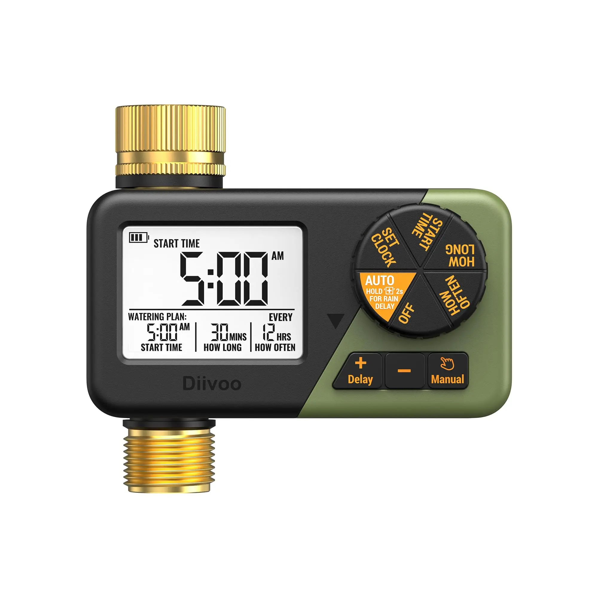 Diivoo Tuinwatertimer met messing inlaat en uitlaat Programmeerbare automatische irrigatietimer met regenvertraging Handmatige modus voor gazon