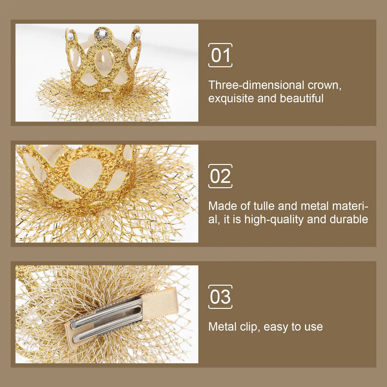 1Pcs Crown Hair Clip for Baby Girls Smooth Metal Clip Lightweight Lace Tulle Crown Headdress Birthday Party Performance