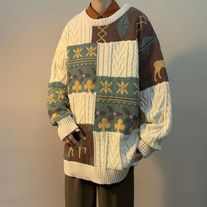 Patchwork Sweater Men's Knitwear Vintage Round Neck  Knitted Pullover Men's Winter Warm Top Thick Splice Pit Cloth Sweater