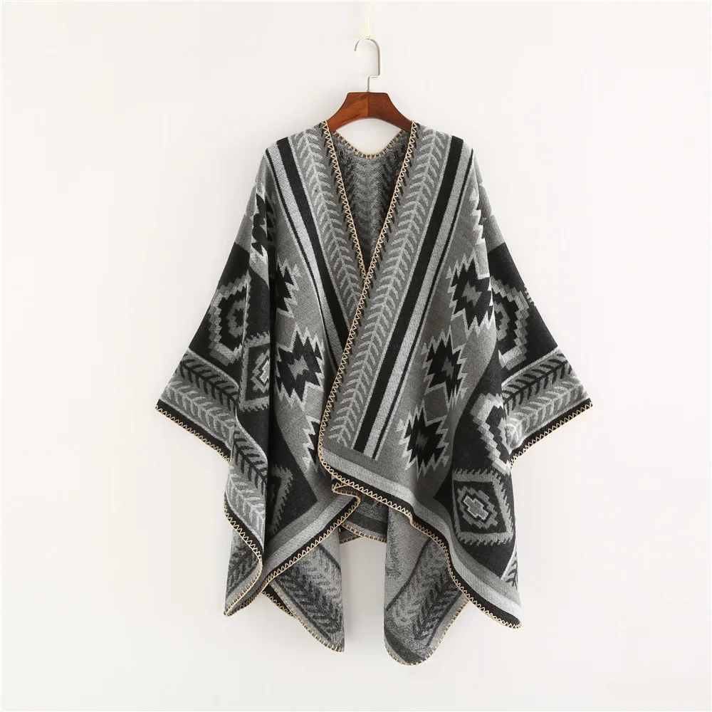 Fashion Vintage Cross Rhombus Faux Cashmere Cape Thick Big Poncho Women Spring Autumn Leisure Travel Wraps Cloak