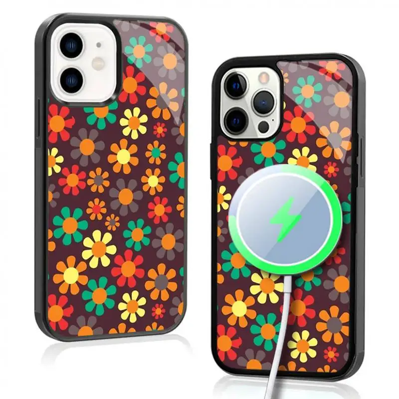 حافظة زهور بوهيمية من Groovy-Hippie لهاتف iPhone ، أكريليك مرآة ، شحن لاسلكي Magsafe ، حافظة زهور لهاتف iPhone 11 و 12 و 13 و 14 و 15 Plus Pro Max