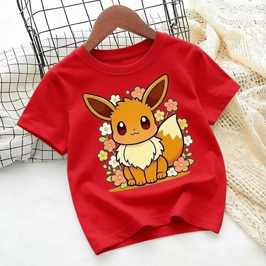 Floral Fox Elf Kids Tee, Cute Sitting Creature Surrounded By Blooms Soft Cotton Top For Little Girls Daily Outdoor Outing