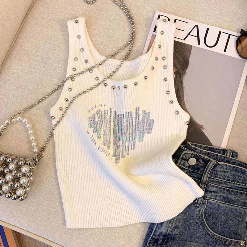 Summer New Chic Rivet Love Printing Tanks Women Vintage Elastic Slim O-neck Y2K Versatile Sleeveless Tops