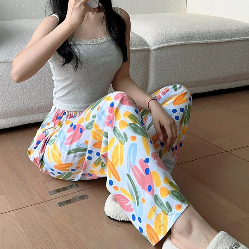 Full Floral Print Viscose Wide-Leg Home Pants Women Summer Autumn Loose Drape Mopping Anti-Mosquito Straight Casual Pants Pajama