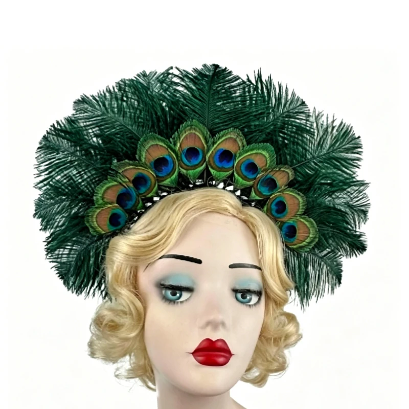 Peacock Eye Feather Headpiece with Ostrich Feathers, Roaring 20s Flapper Headband Gatsby Style Halo Crown Hair Accessory view 5