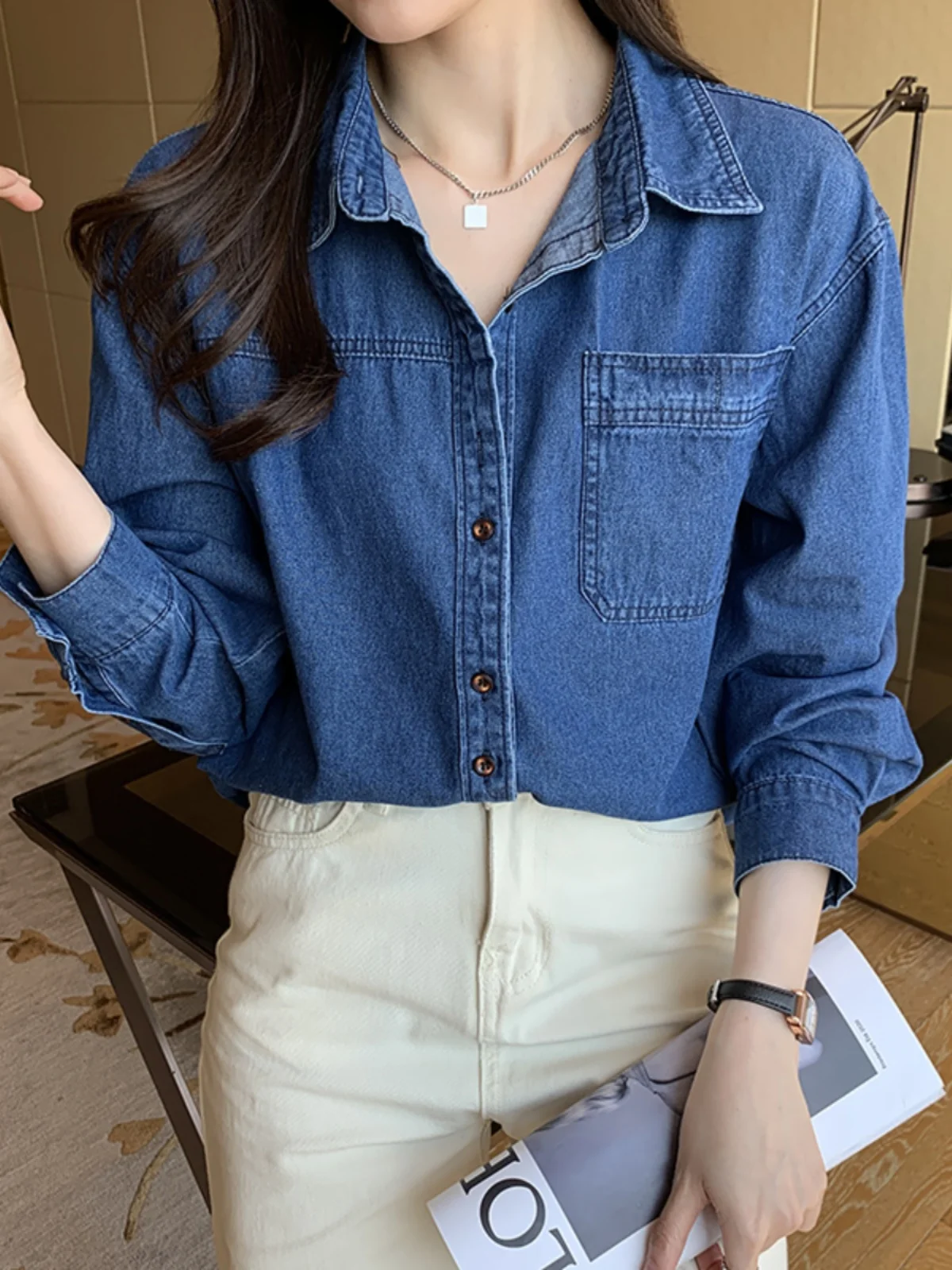 Vestibilità ampia lunga Sve Blue Denim irt Donna Autunno Inverno Abbigliamento interno vintage Casual Oversize Jaet Commute Sle