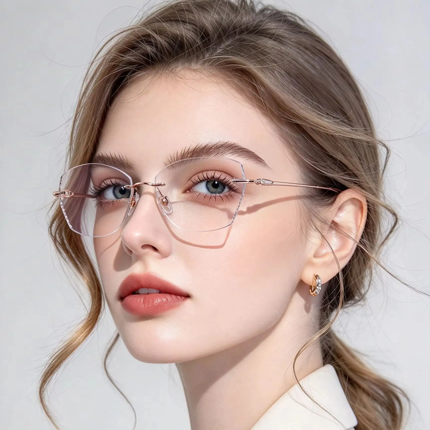 Women Rimless glasses Diamond Flash Fashion Eyeglasses MR-8 Lenses Scratch-resistant Prescription Recipe Progressive Anti reflec