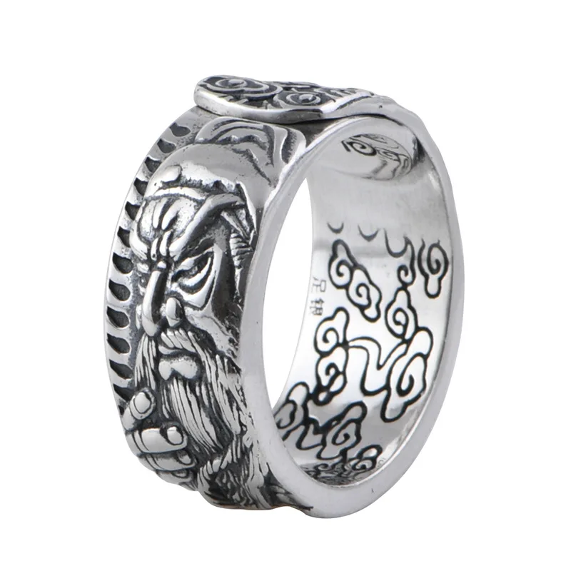 

999 full silver retro antique relief cloud pattern Guan Gong Guan Yu men's ring with adjustable size