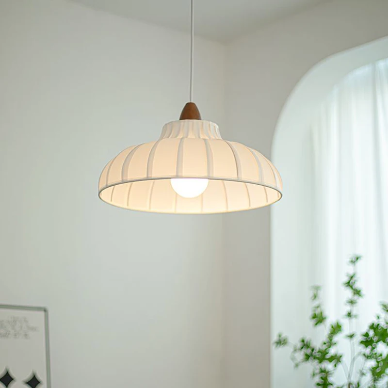 

Nordic White Cloth Pendant Lamps Walnut Color Wood LED E27 Living Room Dining Table Bedroom Pendant Light Fabric Suspension Lamp