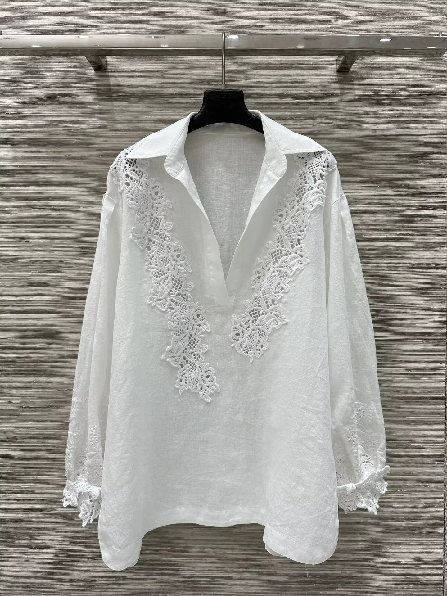 

Spring 2026 Women White 100% Linen Shirt Lace Embroidery Patchwork Turn-down Collar Long Sleeve Loose Female Blouse Top
