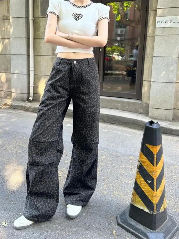 

Широкие брюки с леопардовым принтом в американском стиле, женские свободные повседневные универсальные длинные брюки, осенние новые брюки с эффектом похудения