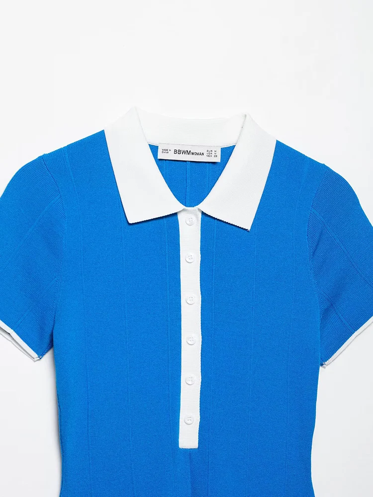 KUCLUT Women Fashion Blue Pleated Knitted A-Line Mini Dress Vintage Lapel Neck Short Sleeves Female Chic Lady Dresses