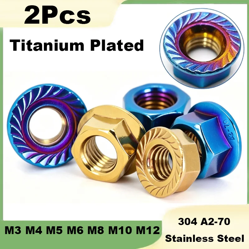 2Pcs Titanium Plated Hexagonal Flange Nut M3 M4 M5 M6 M8 M10M12 304 StainlessSteel Blue/Gold Hex Head Serrated Lock Spinlock Nut