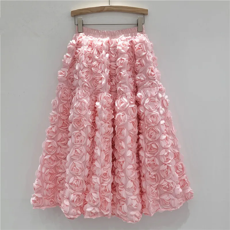 Damen Ästhetischer Märchenhafter 3D-Rosen-Blumen-Midirock Elastischer Hochtaillierter A-Linien-Schwingrock Langer Rock Romantischer Party-Freizeit-Maxirock – Detail 17
