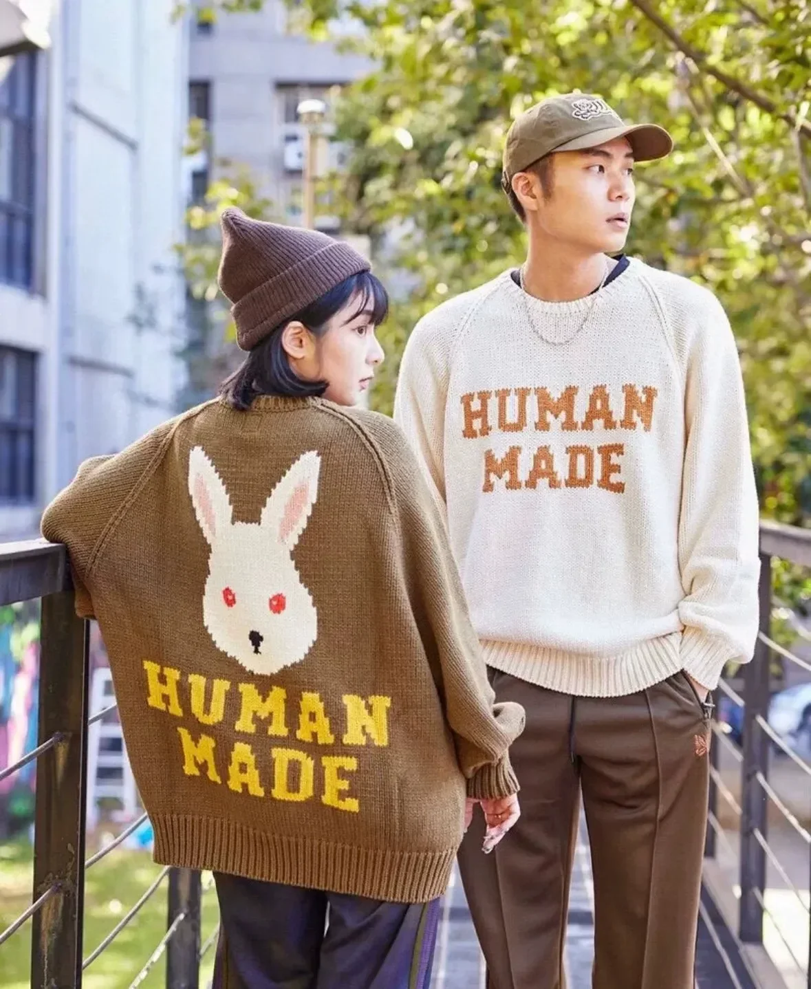 HUMAN MADE Rabbit Graphic Knit Sweater Cotton Acrylic Crew Neck Loose Fit Couple