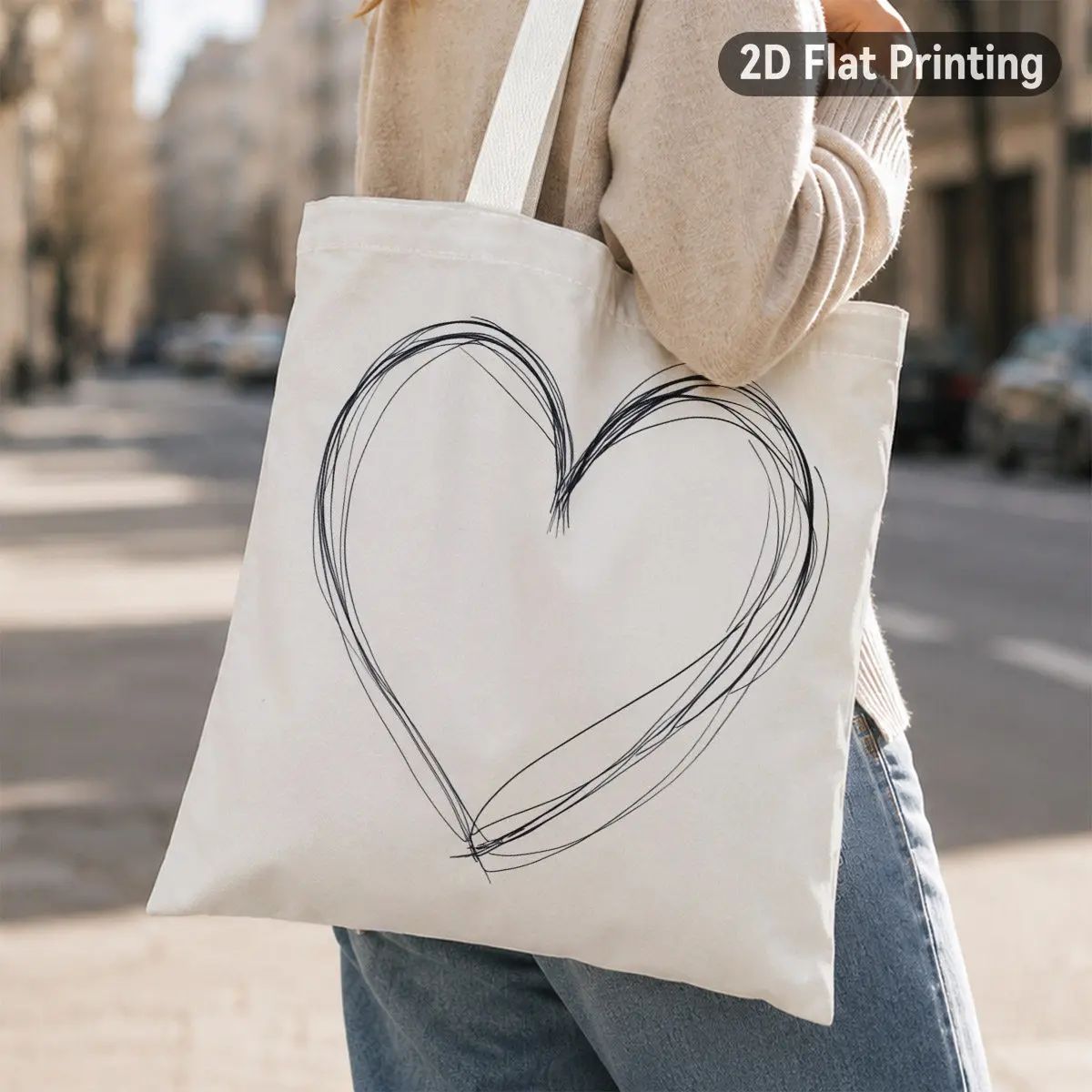 1pc Minimalist Reusable Tote Bag with Black Line Art Heart Print - Open-Top Suitable for Grocery Shopping, Commuting, Weekend Ge
